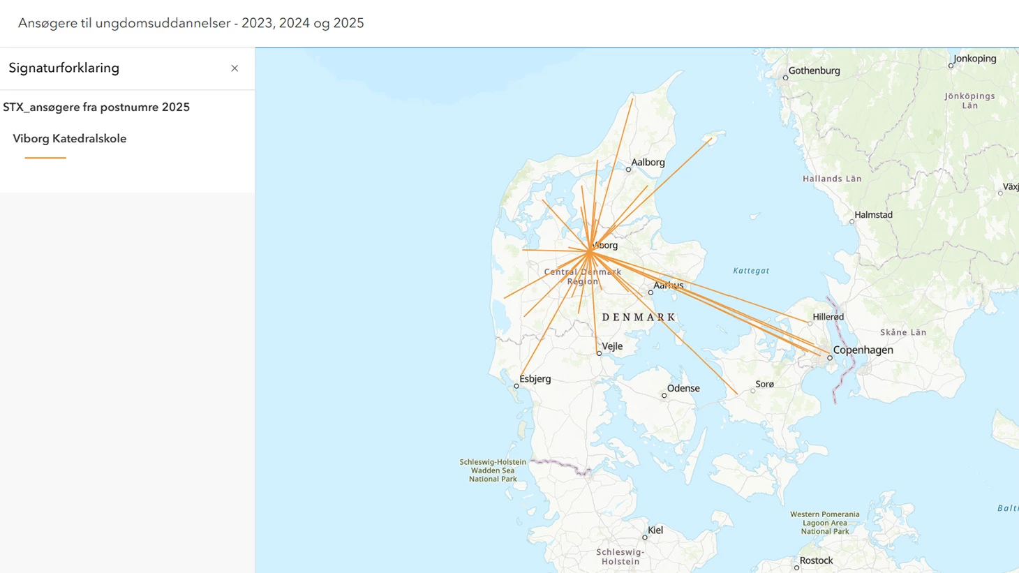 Dette er et kort der viser, hvor mange ansøgere der har været til gymnasielle uddannelser i Region Midtjylland.