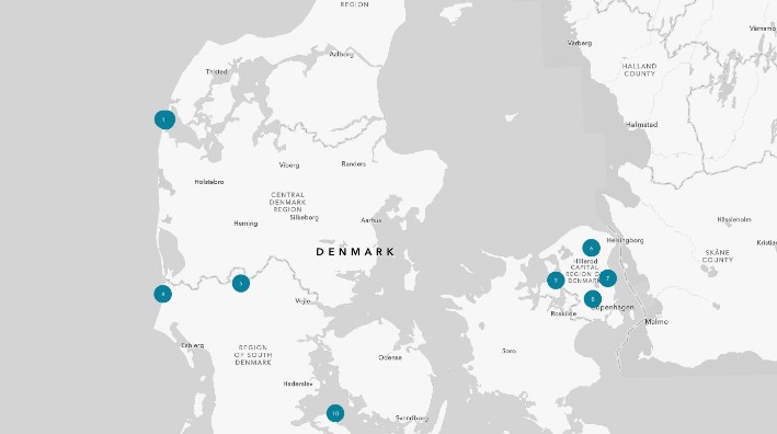 Et danmarkskort med markering af, hvor der er generationsforureninger i Danmark